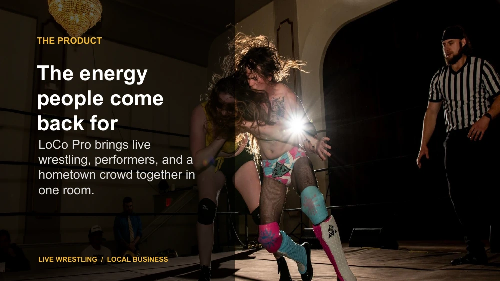 Slide 2. The energy people come back for. LoCo Pro brings live wrestling, performers, and a hometown crowd together in one room.